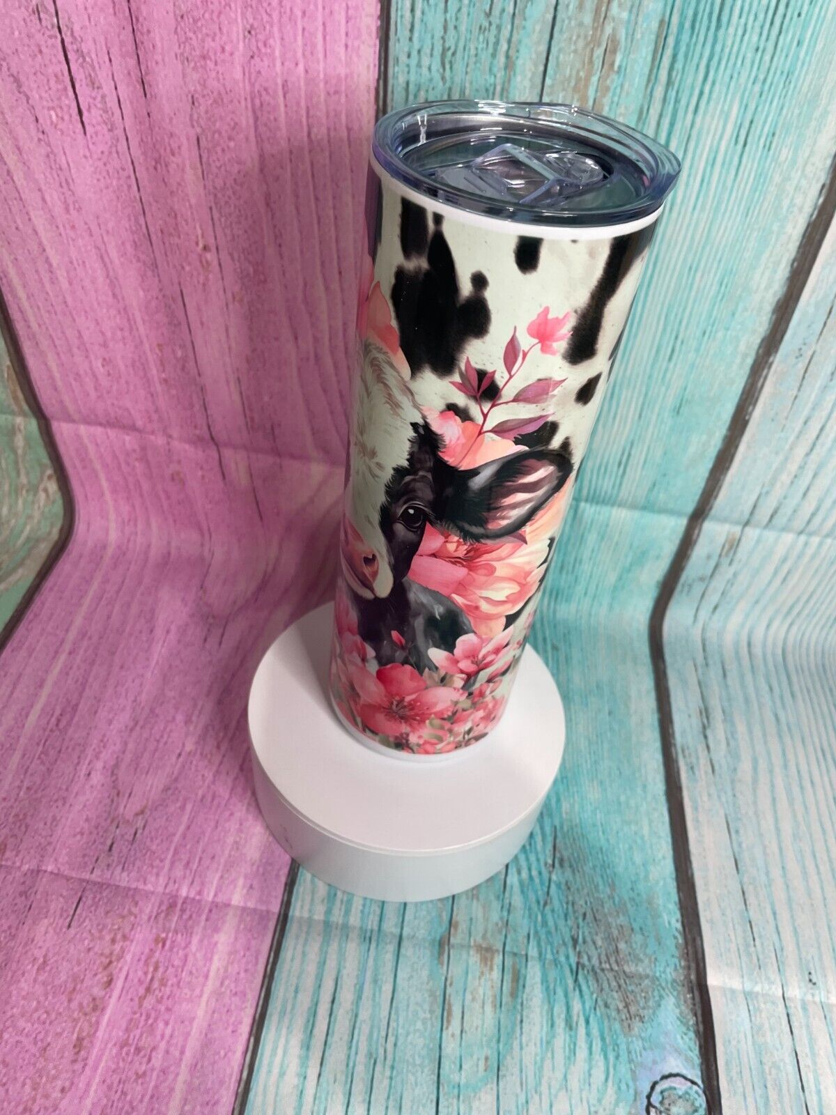 Cow with cow print & pink flowers inspired insulated stainless steel 20oz skinny tumbler