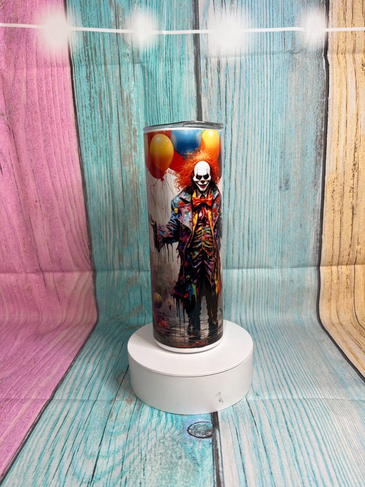 Horror Clown holding balloons inspired insulated stainless steel skinny 20oz tumbler