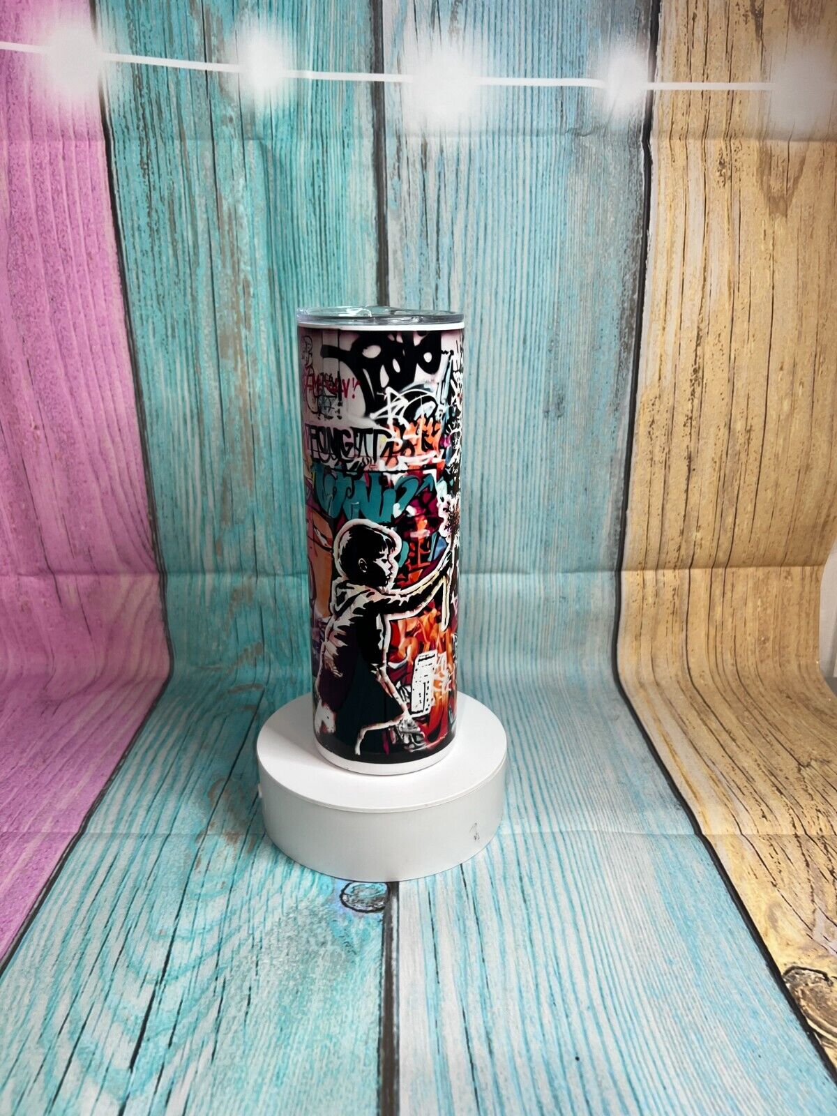 Banksy inspired insulated stainless steel 20oz skinny tumbler with straw