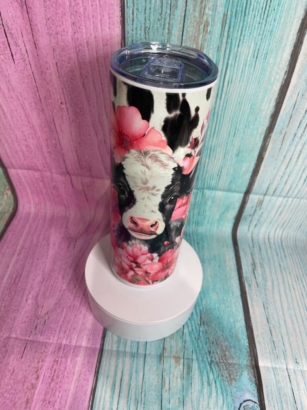 Cow with cow print & pink flowers inspired insulated stainless steel 20oz skinny tumbler