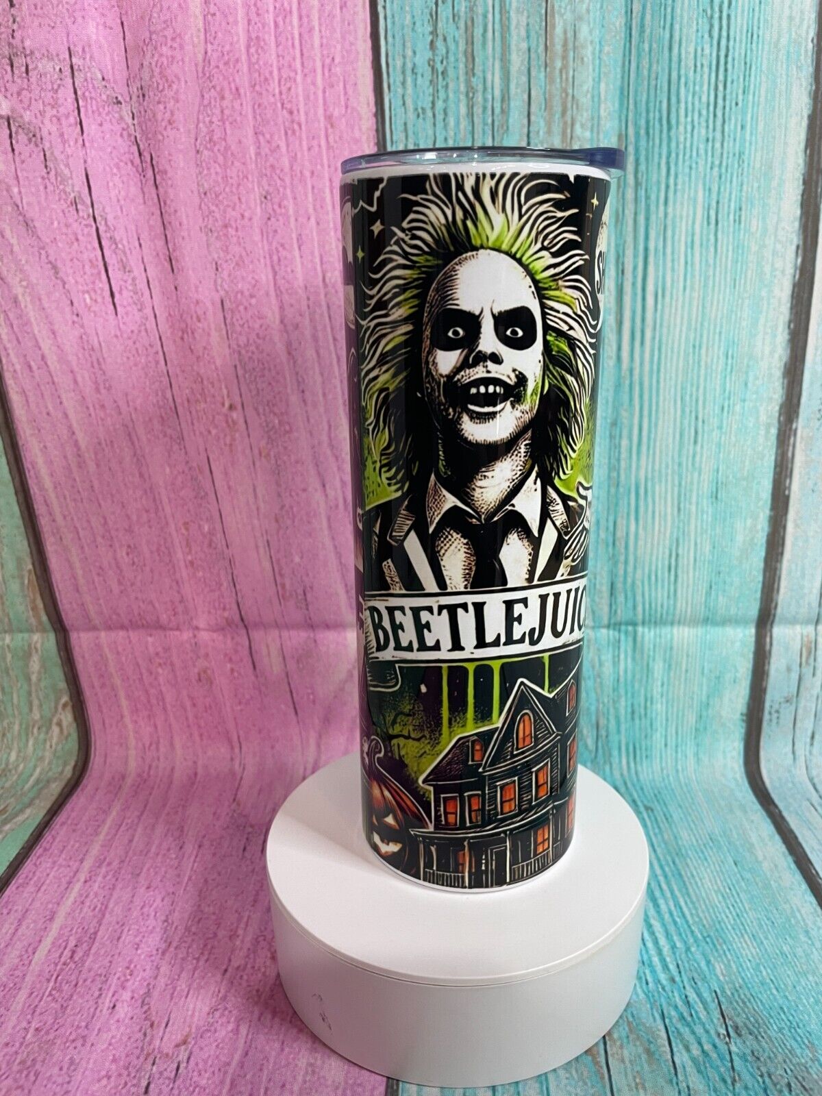 Beetle juice inspired insulated stainless steel 20oz skinny tumbler with straw