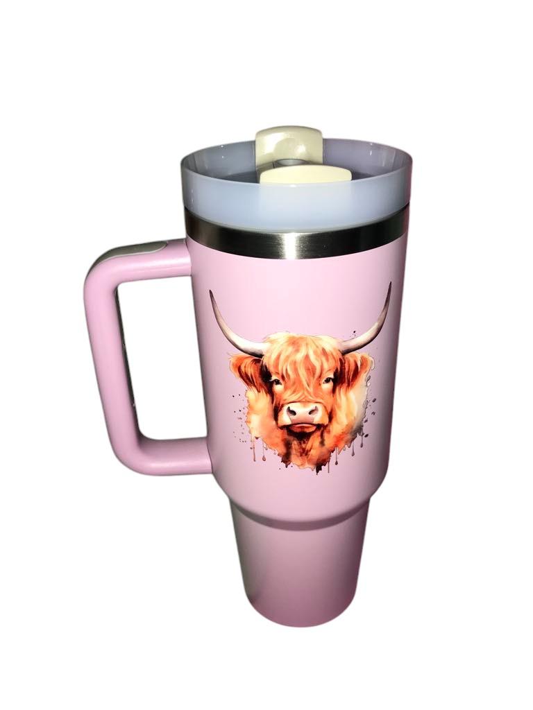 Watercolour Highland Cow Design 40oz Tumbler, with straw. Water Bottle, Hot & Cold, Stainless Steel. Drinkware Lid Flasks Portable water bottle tumbler