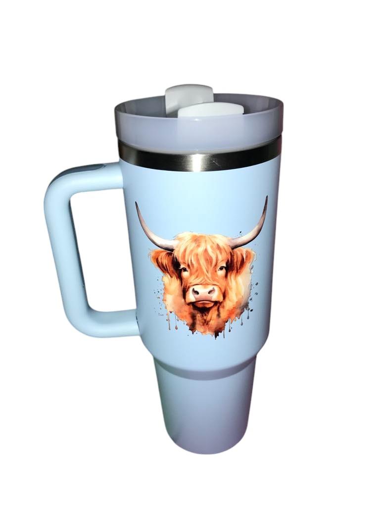 Watercolour Highland Cow Design 40oz Tumbler, with straw. Water Bottle, Hot & Cold, Stainless Steel. Drinkware Lid Flasks Portable water bottle tumbler
