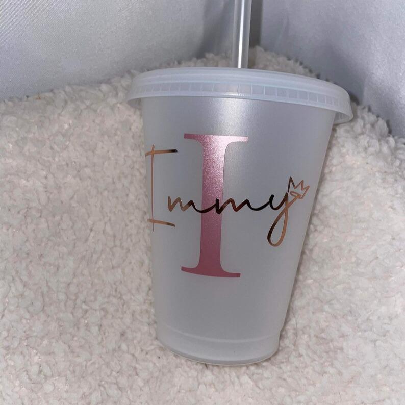 Personalised Name Initial cup, cold cup, rose gold, pink, personalised