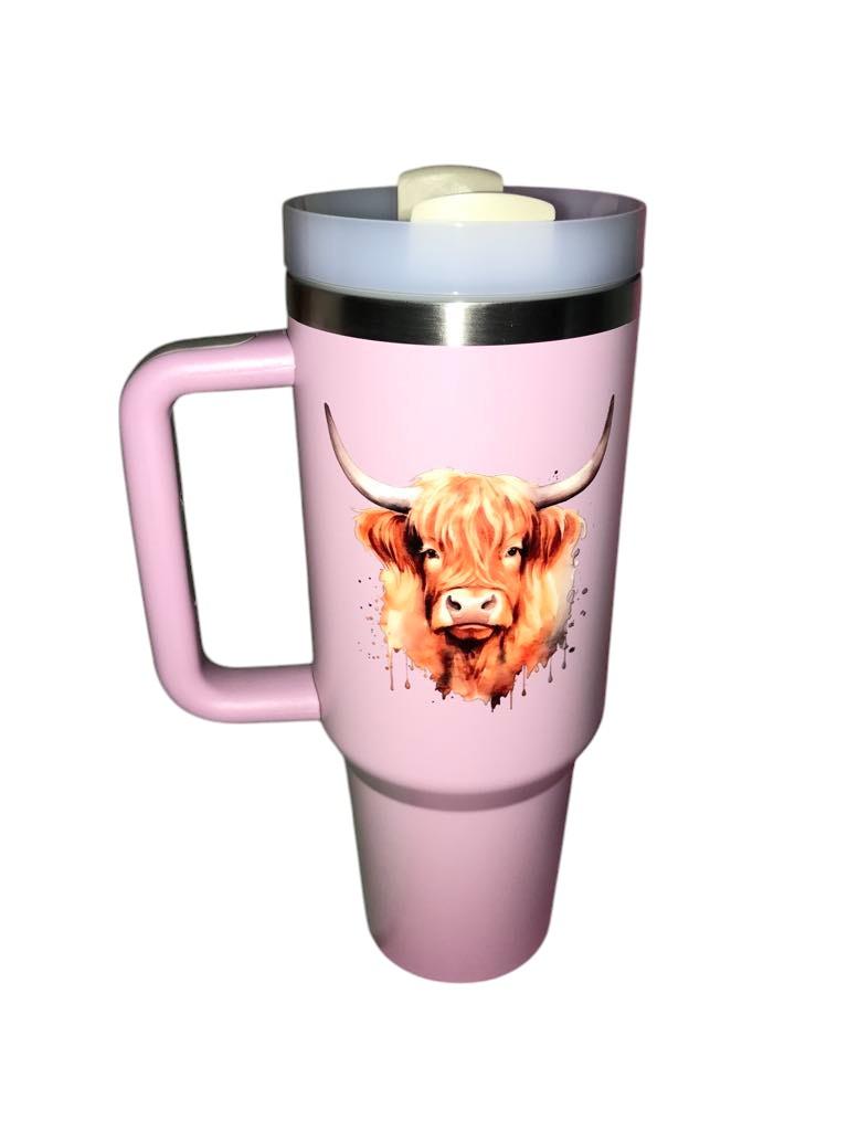 Watercolour Highland Cow Design 40oz Tumbler, with straw. Water Bottle, Hot & Cold, Stainless Steel. Drinkware Lid Flasks Portable water bottle tumbler