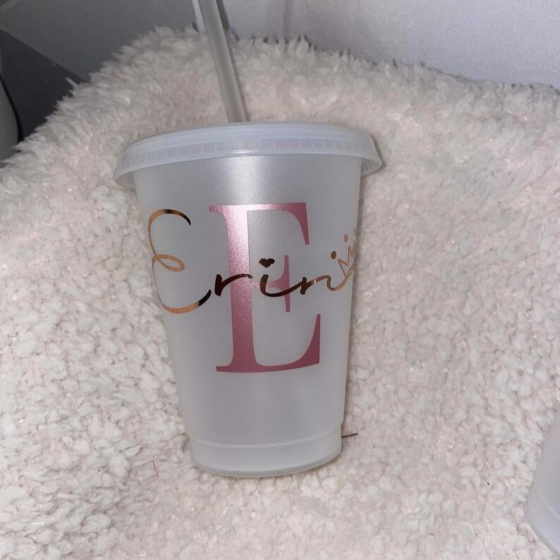 Personalised Name Initial cup, cold cup, rose gold, pink, personalised