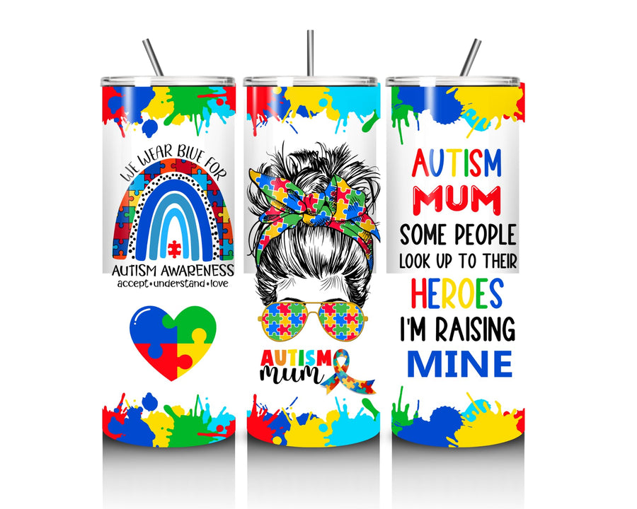 Autism Awareness Double Walled, Stainless Steel, 20oz Tumbler, Autism Mum Design, Multicolour,