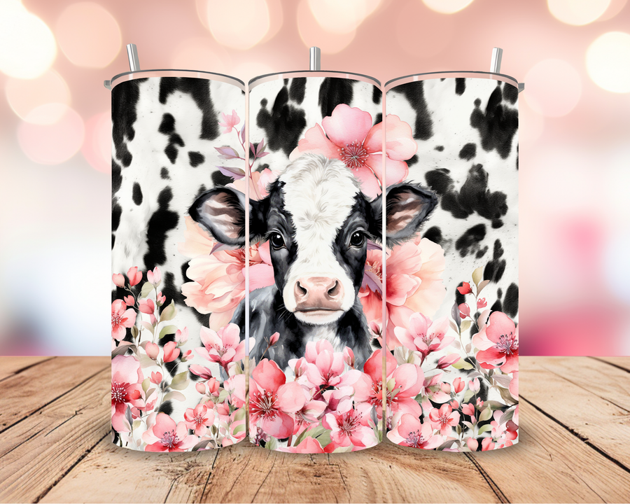 Cow with cow print & pink flowers inspired insulated stainless steel 20oz skinny tumbler