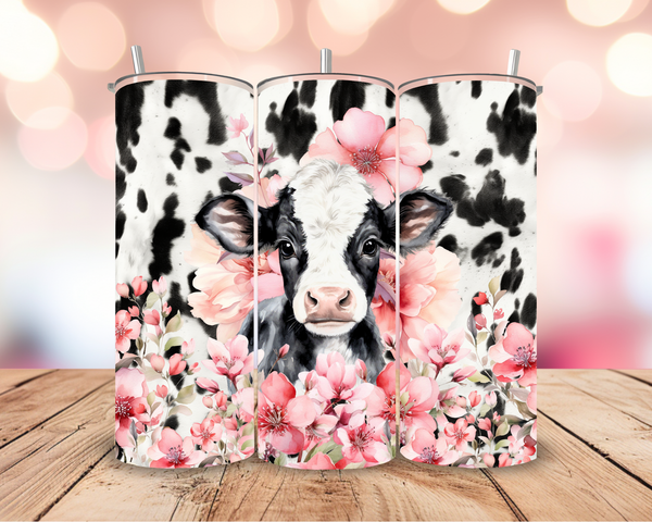 Cow with cow print & pink flowers inspired insulated stainless steel 20oz skinny tumbler