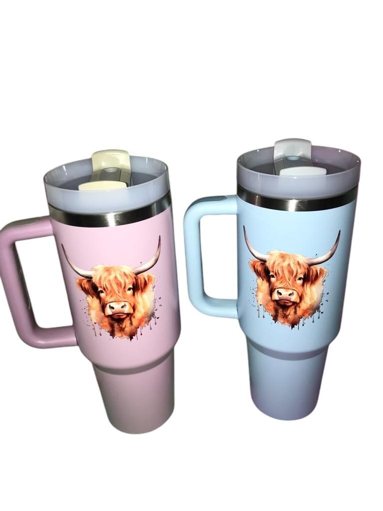 Watercolour Highland Cow Design 40oz Tumbler, with straw. Water Bottle, Hot & Cold, Stainless Steel. Drinkware Lid Flasks Portable water bottle tumbler