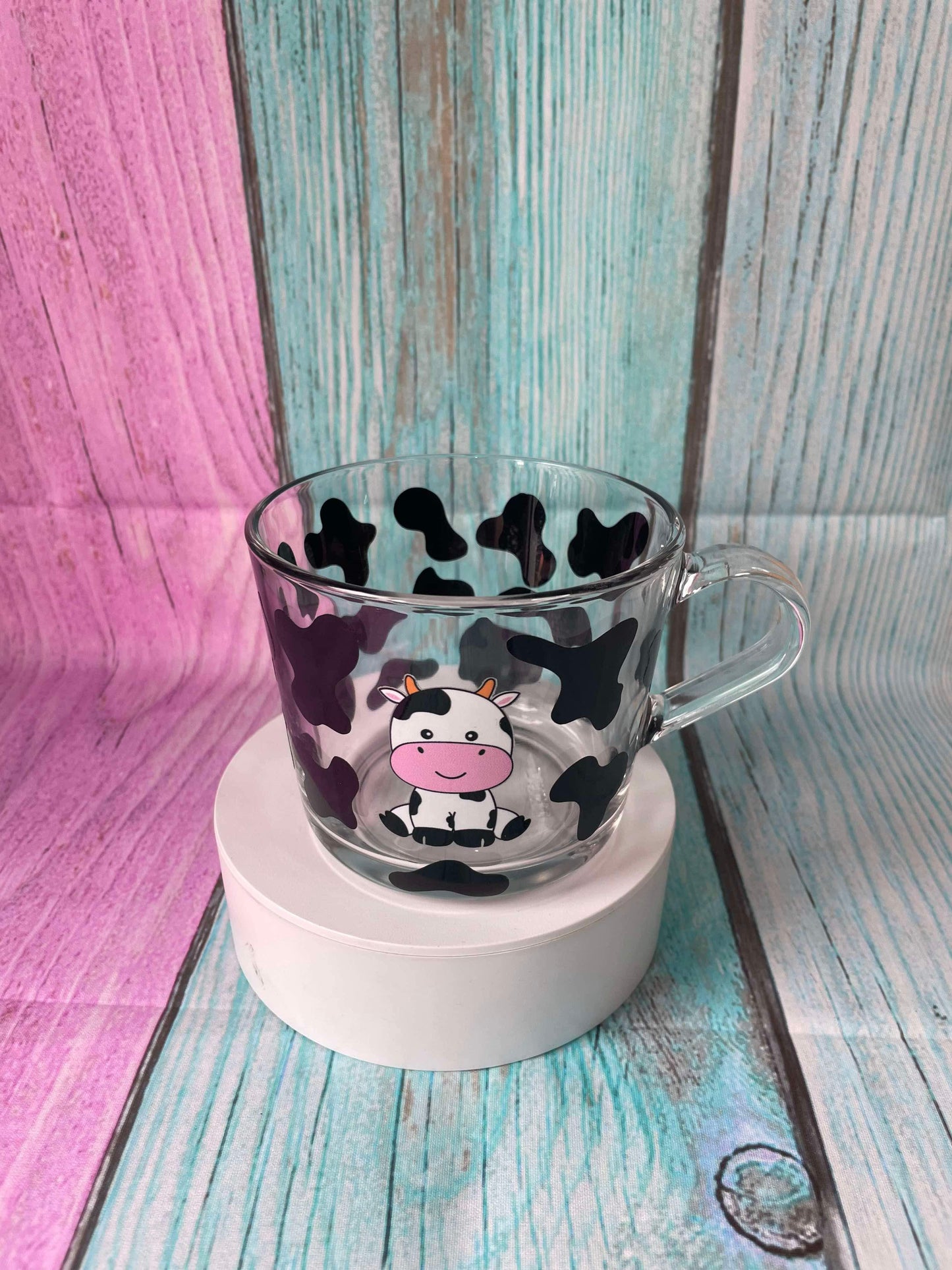 Cute Cow Glass Coffee Mug, Cow Print design Glass Mug