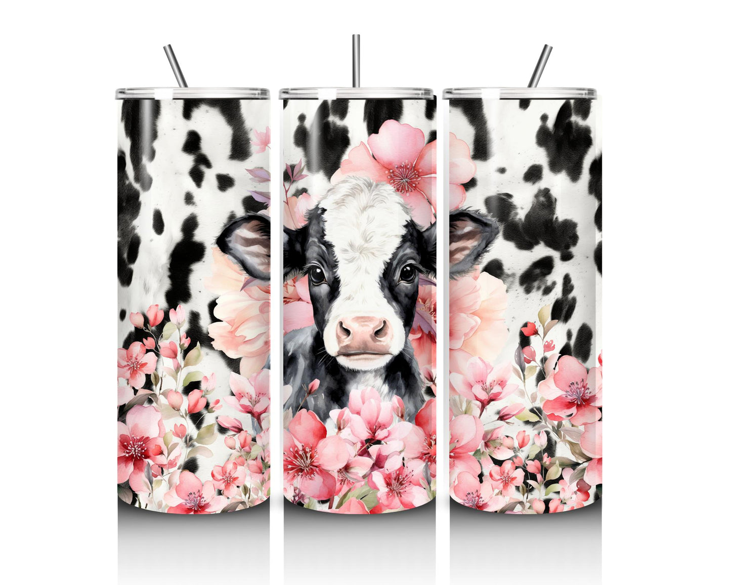 Cow, Cow Print & Pink Flowers 20oz Stainless Steel, Tumbler with Lid & Straw, Hot & Cold, Portable, Water Bottle Flask