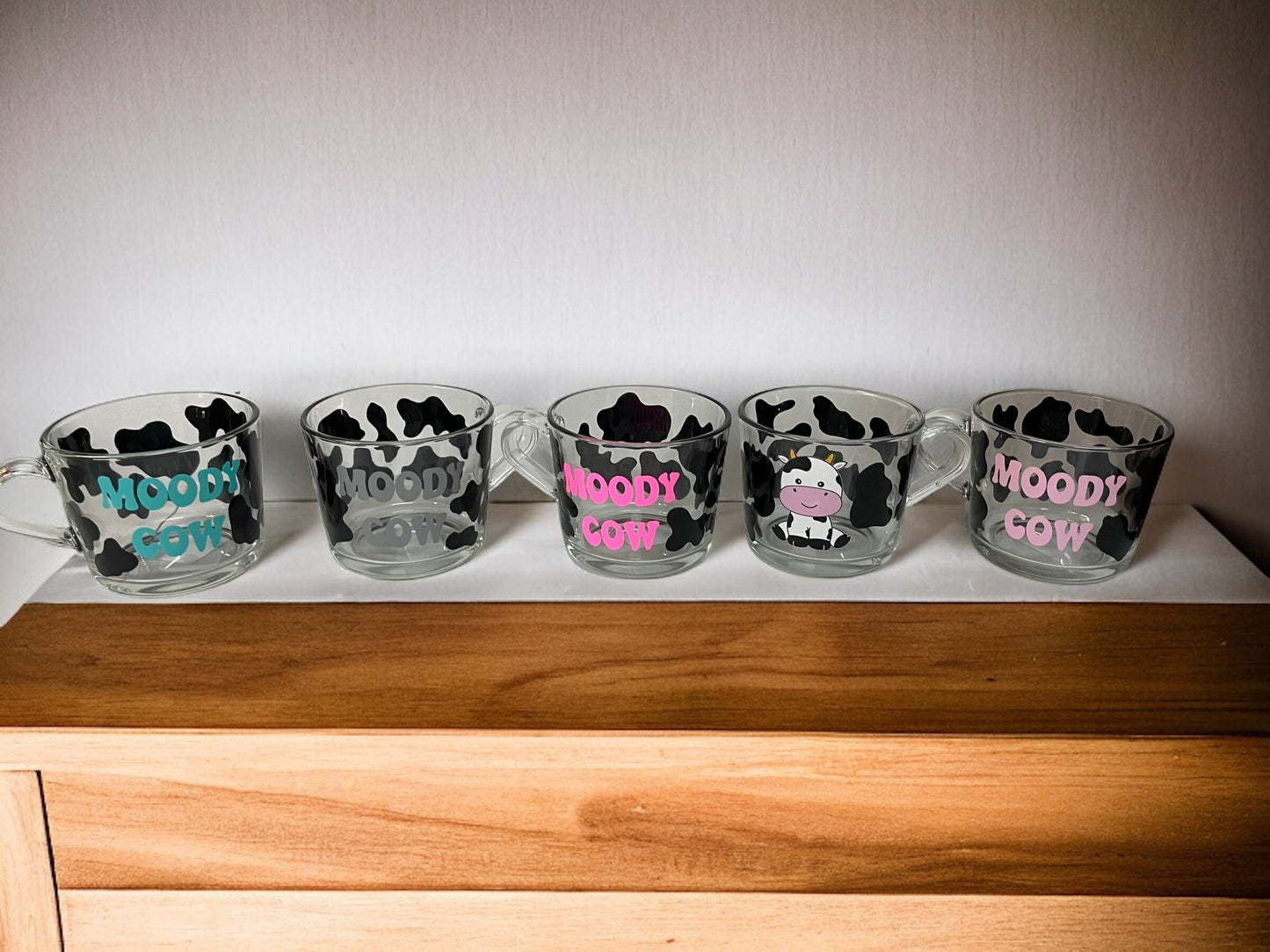 Cute Cow Glass Mug, glass mug with cow print can be personalised