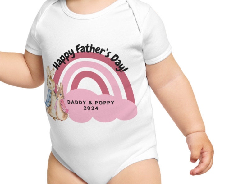 Peter rabbit/ Flopsy Rabbit happy Father’s Day rainbow baby grow pink or blue