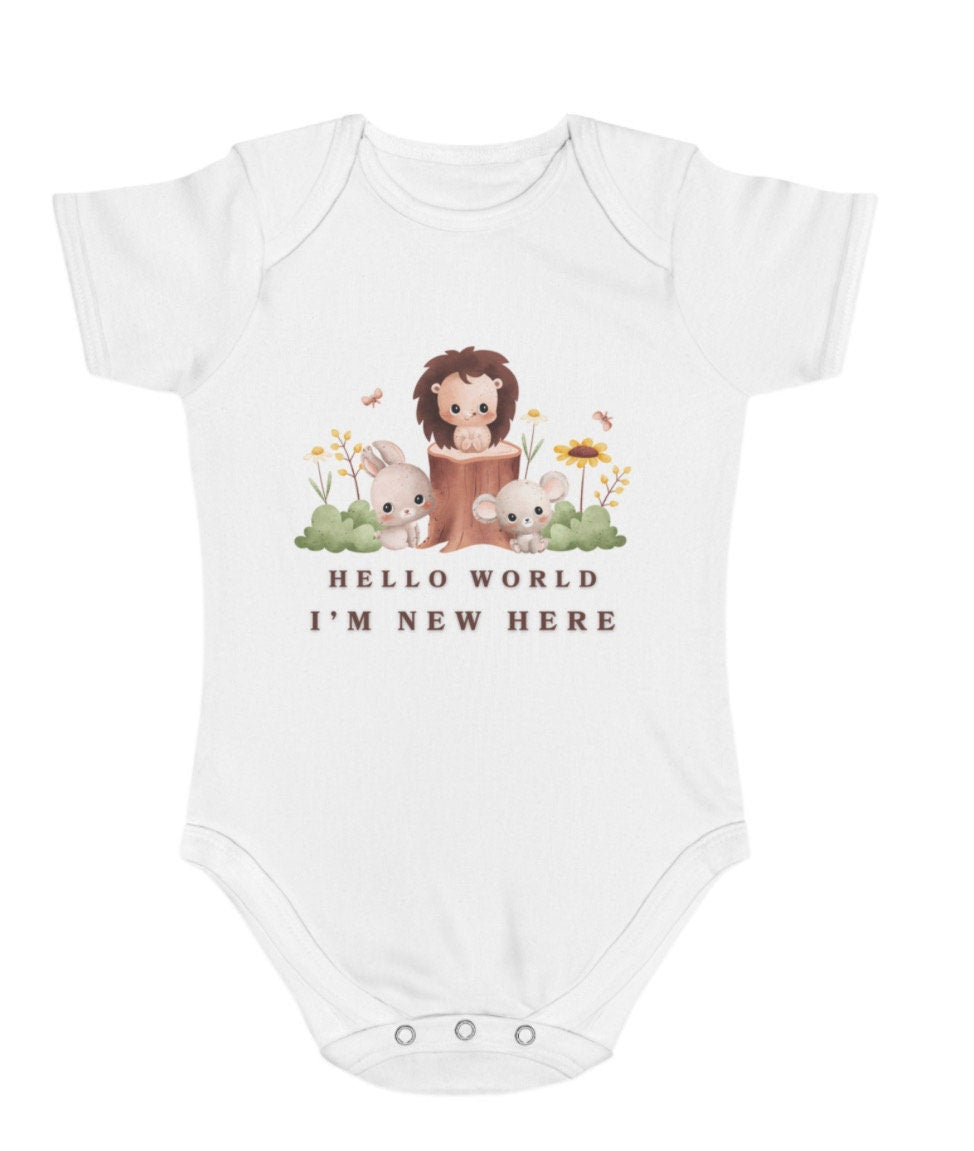 Cute woodlands animals - hello world I’m new here baby grow