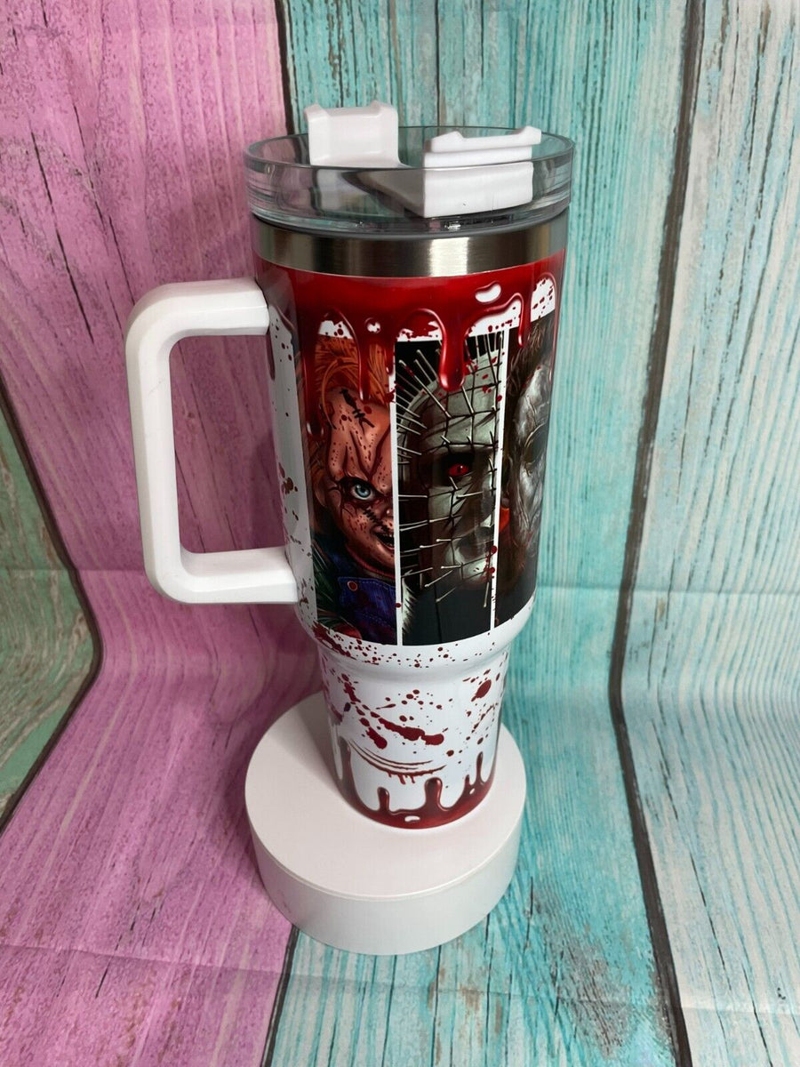 Horror Slideshow 40oz insulated tumbler Water Bottle with handle, lid & Straw Hot/Cold