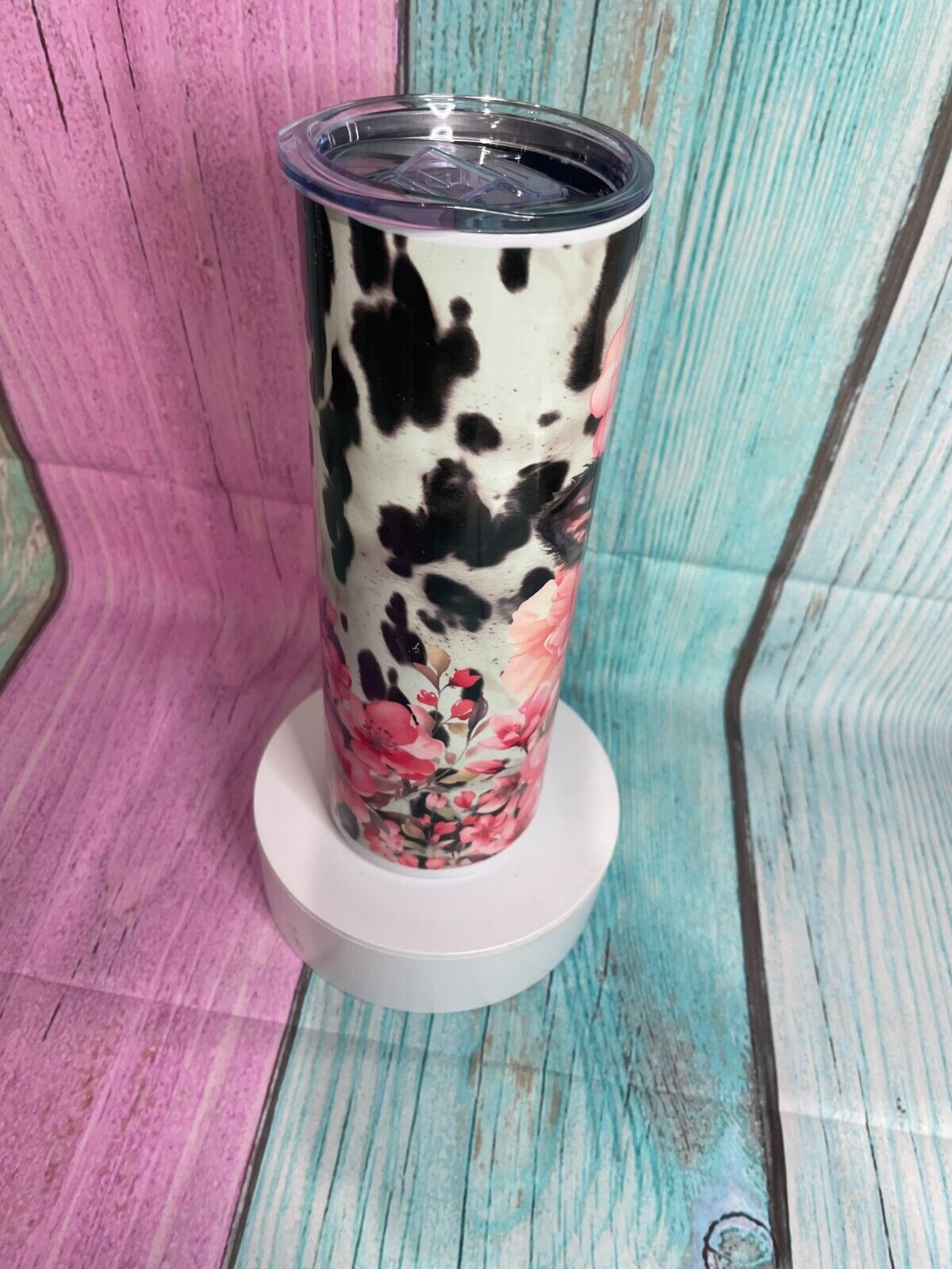 Cow with cow print & pink flowers inspired insulated stainless steel 20oz skinny tumbler