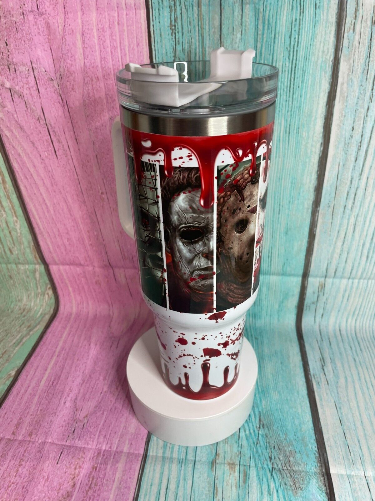 Horror Slideshow 40oz insulated tumbler Water Bottle with handle, lid & Straw Hot/Cold