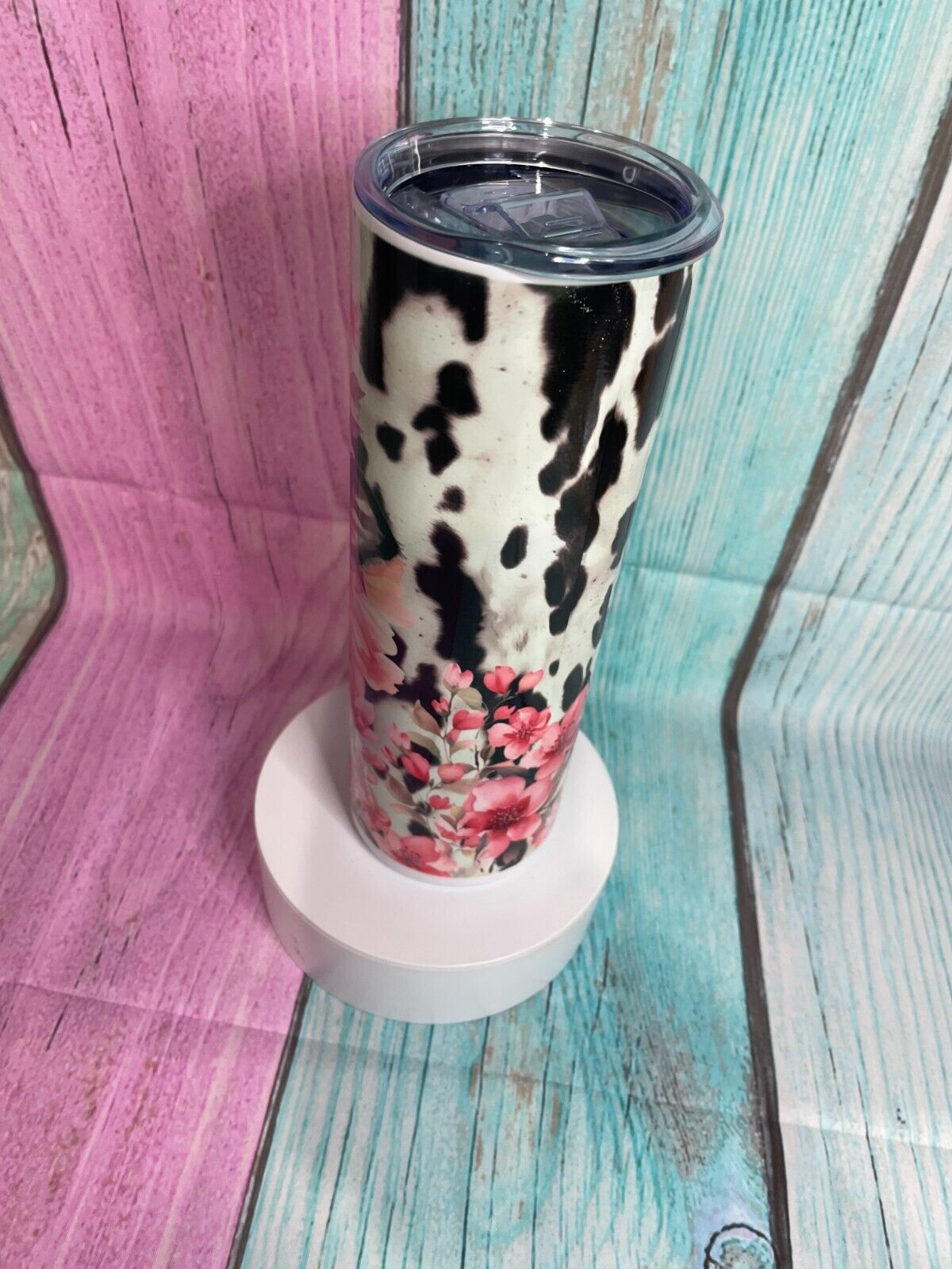 Cow with cow print & pink flowers inspired insulated stainless steel 20oz skinny tumbler
