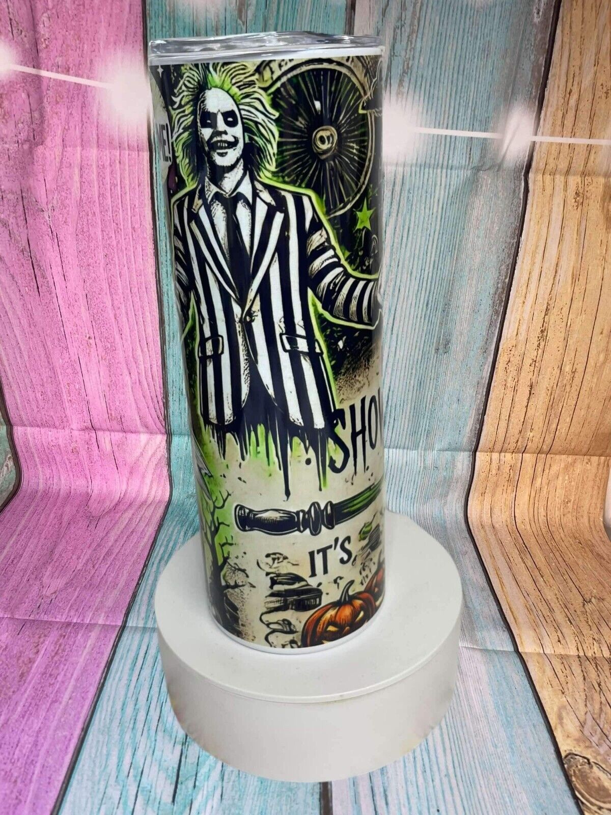 Beetle juice inspired insulated stainless steel 20oz skinny tumbler with straw