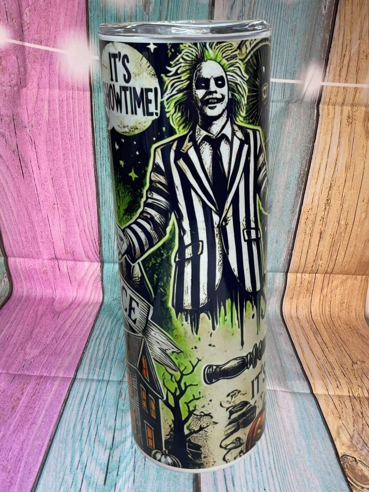 Beetle juice inspired insulated stainless steel 20oz skinny tumbler with straw