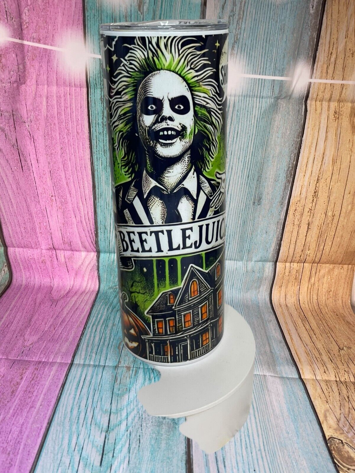 Beetle juice inspired insulated stainless steel 20oz skinny tumbler with straw