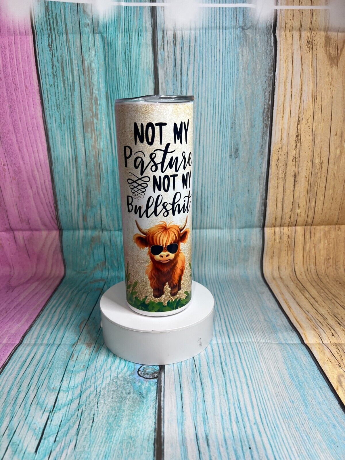 Funny 'Not my pasture, Not my Bullshit' Highland cow stainless steel 20oz skinny tumbler with straw