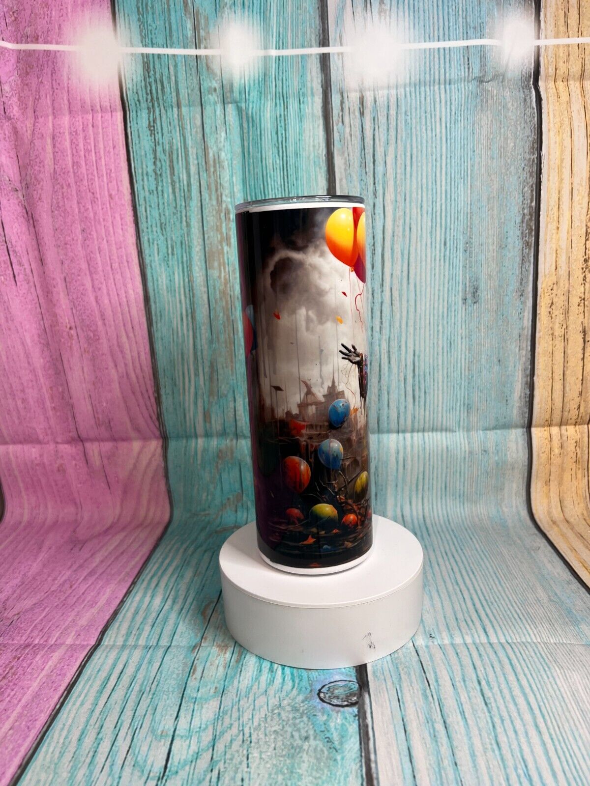 Horror Clown holding balloons inspired insulated stainless steel skinny 20oz tumbler