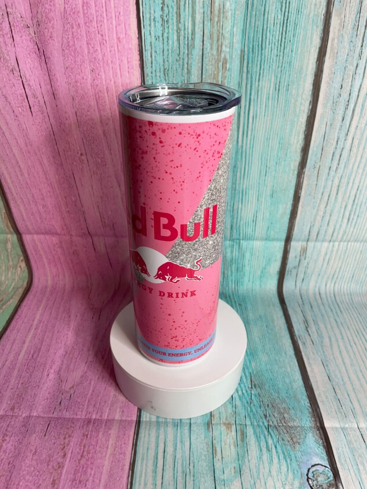 Pink glitter red bull inspired stainless steel 20oz skinny tumbler with straw