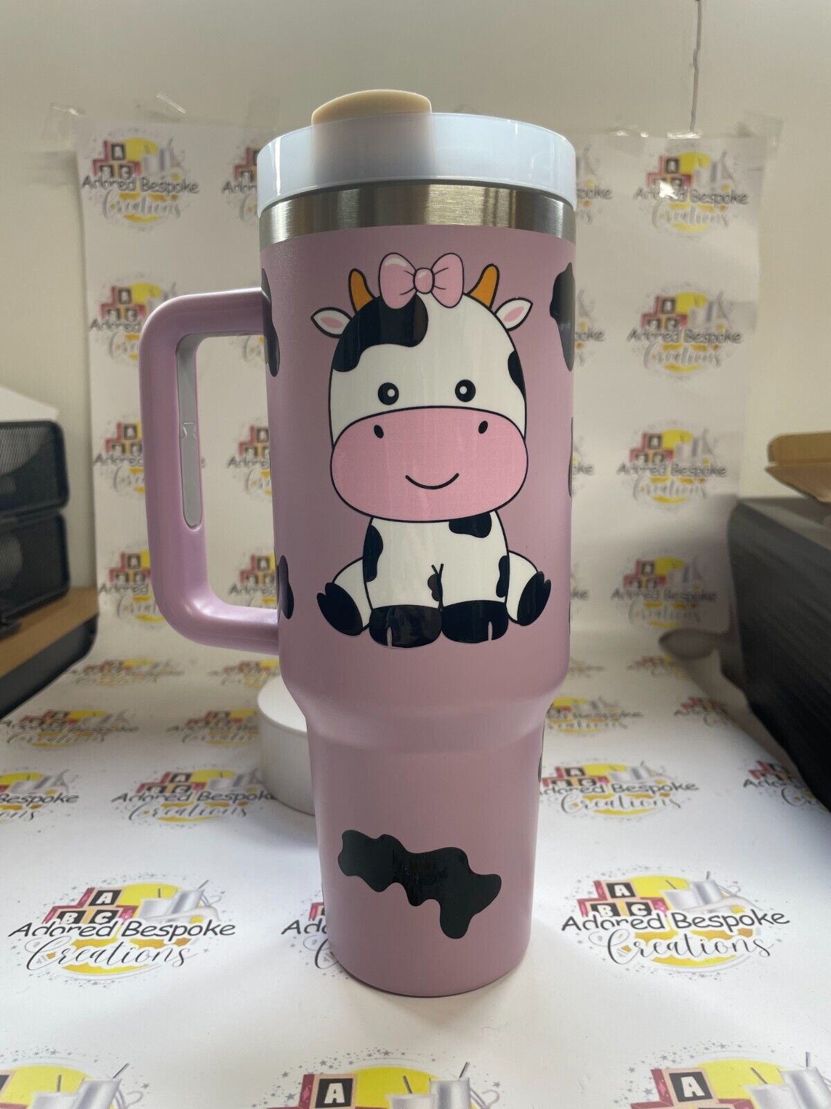 Cute Cow with cow print 40oz insulated Tumbler with lid & Straw, Hot & Cold