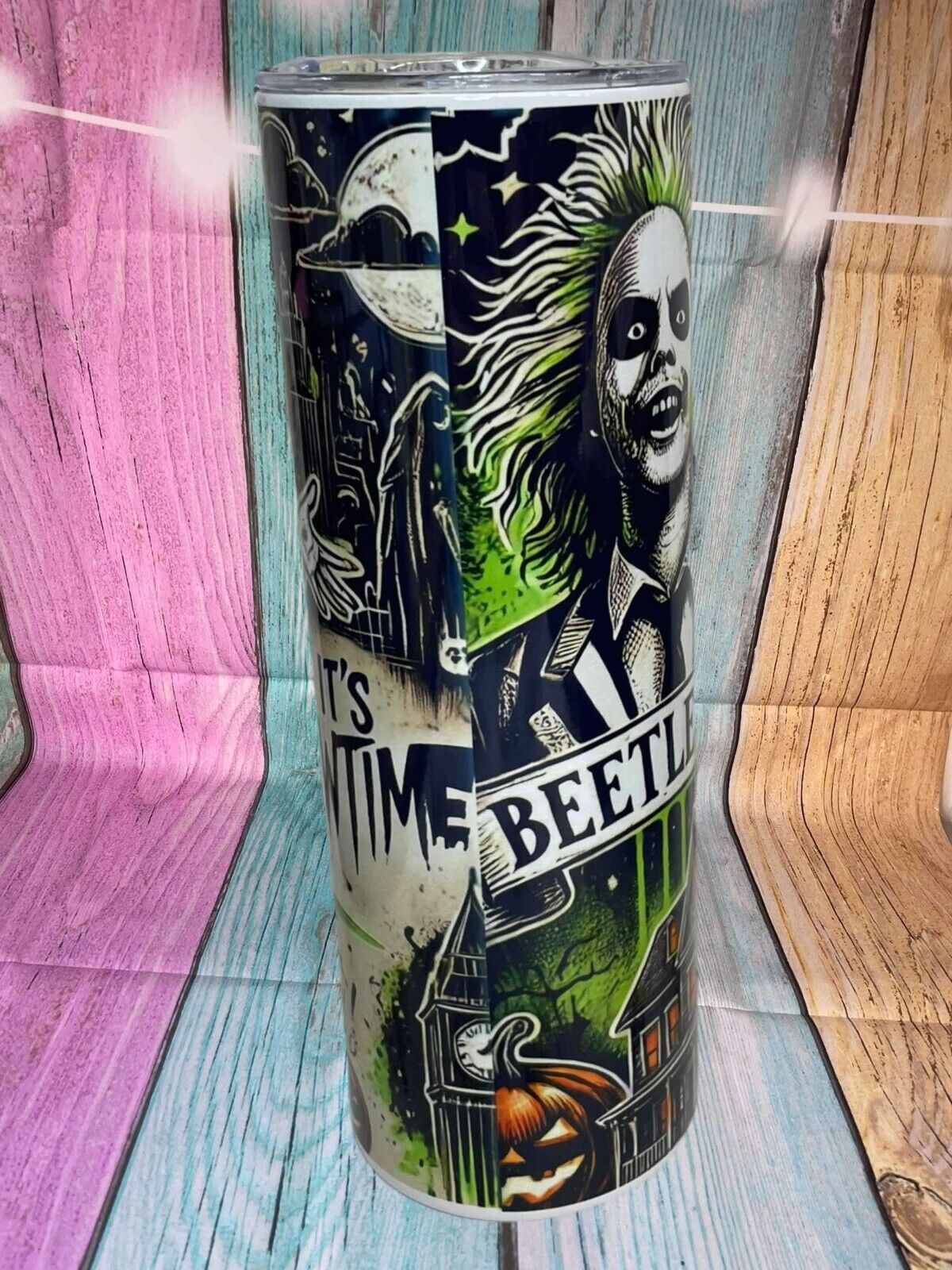 Beetle juice inspired insulated stainless steel 20oz skinny tumbler with straw