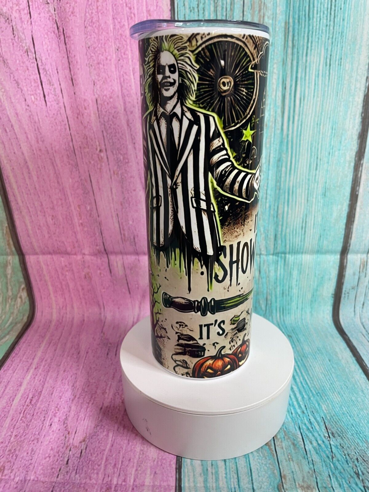 Beetle juice inspired insulated stainless steel 20oz skinny tumbler with straw