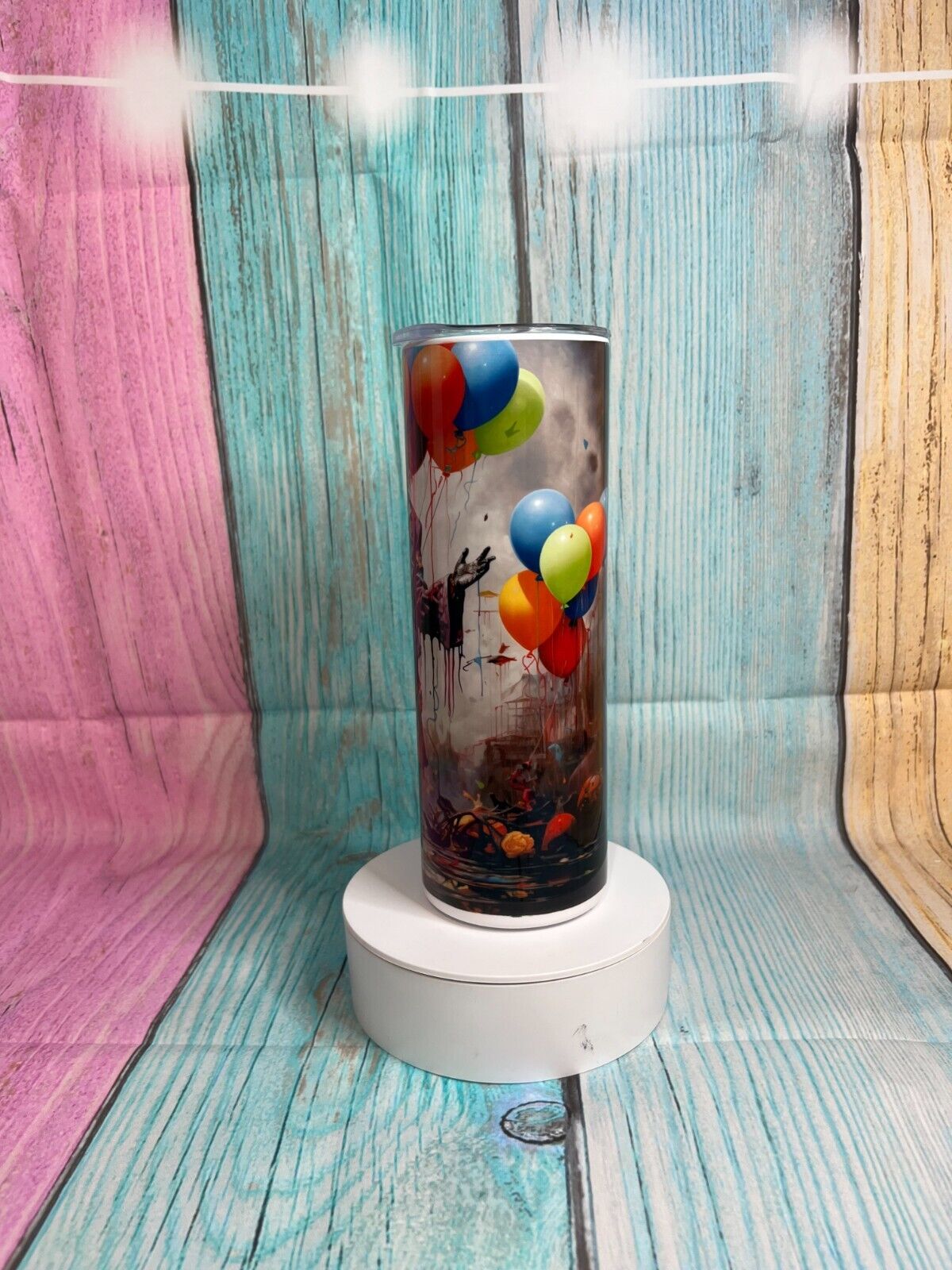 Horror Clown holding balloons inspired insulated stainless steel skinny 20oz tumbler