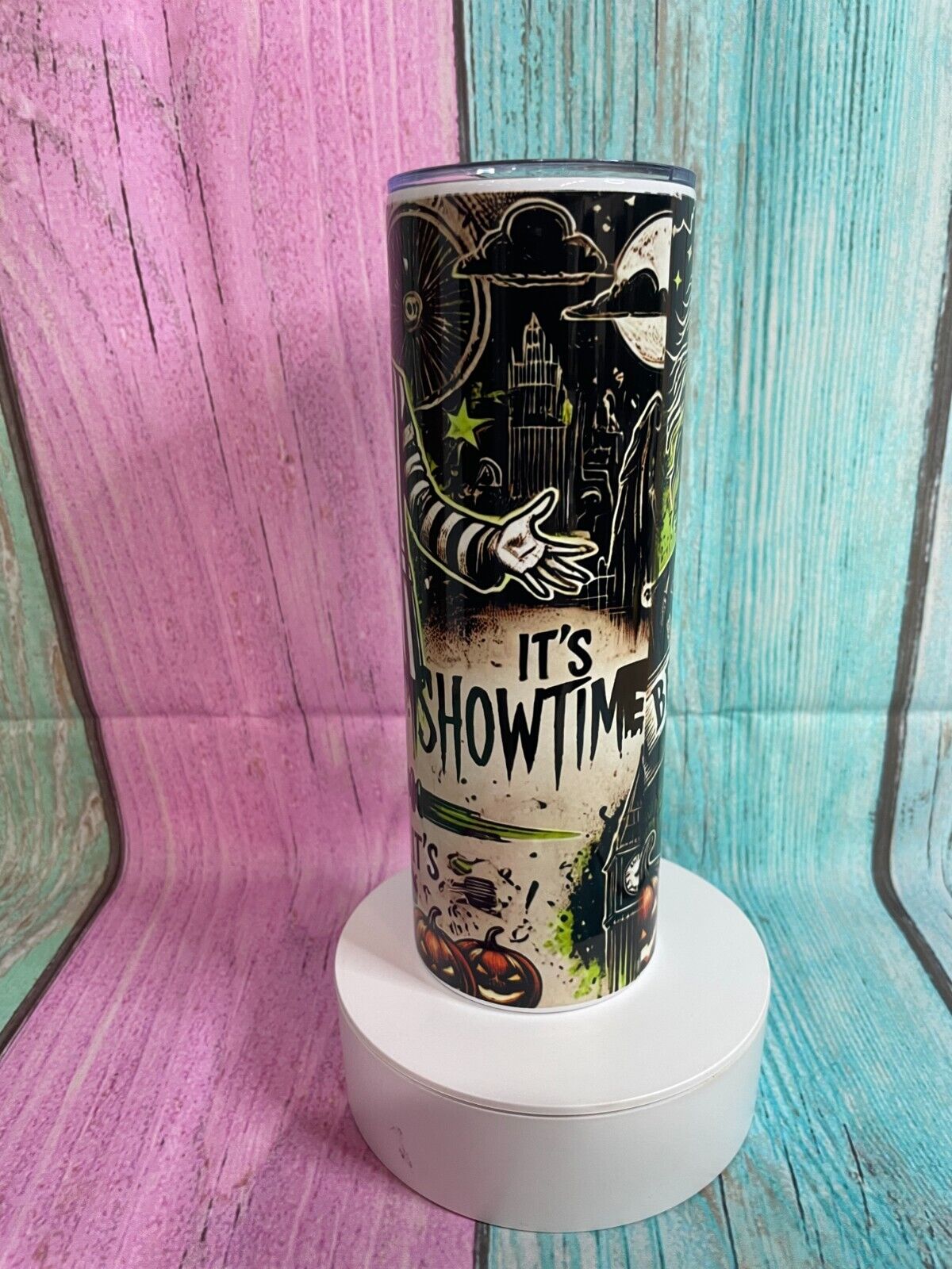 Beetle juice inspired insulated stainless steel 20oz skinny tumbler with straw