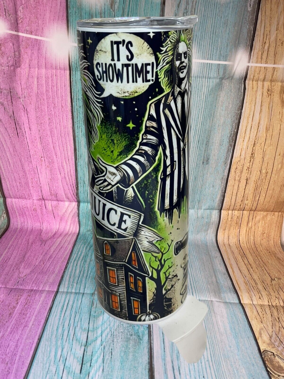 Beetle juice inspired insulated stainless steel 20oz skinny tumbler with straw