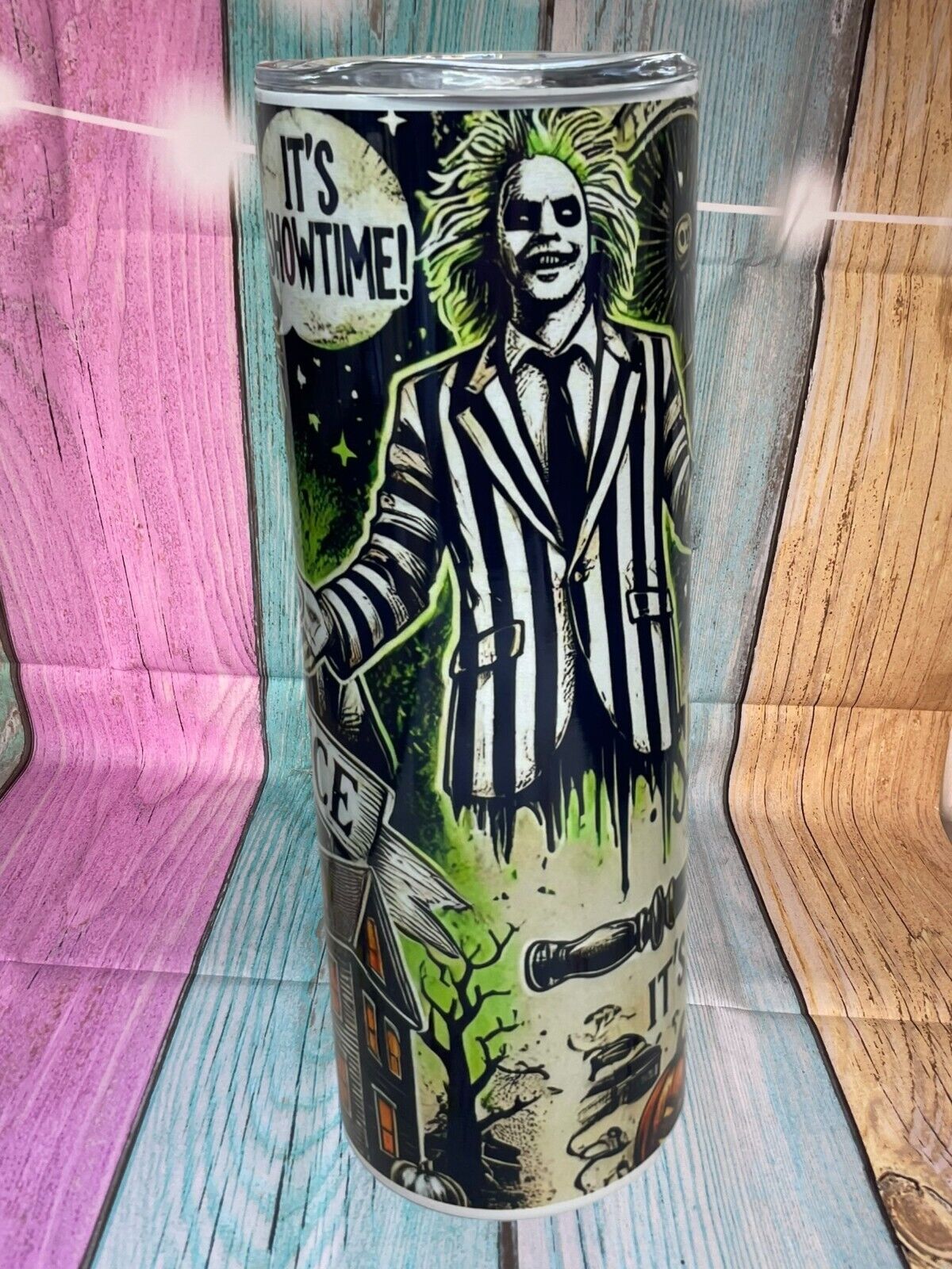 Beetle juice inspired insulated stainless steel 20oz skinny tumbler with straw