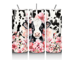 Cow with cow print & pink flowers inspired insulated stainless steel 20oz skinny tumbler
