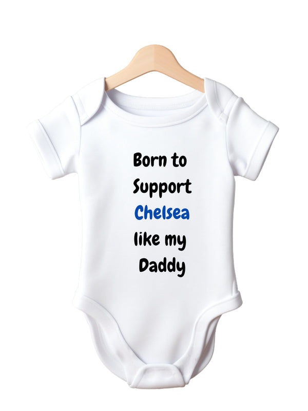 Baby Football Bodysuit, Born to Support Chelsea Like Daddy, White Cotton, Short Sleeve