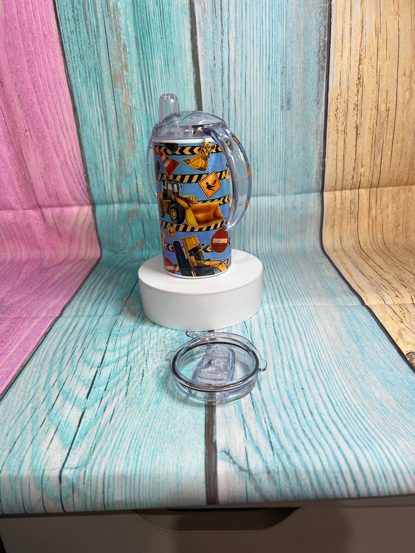 Digger print Children's sippy cup with two lids & Straw 12oz stainless steel, kid's water bottle with handles