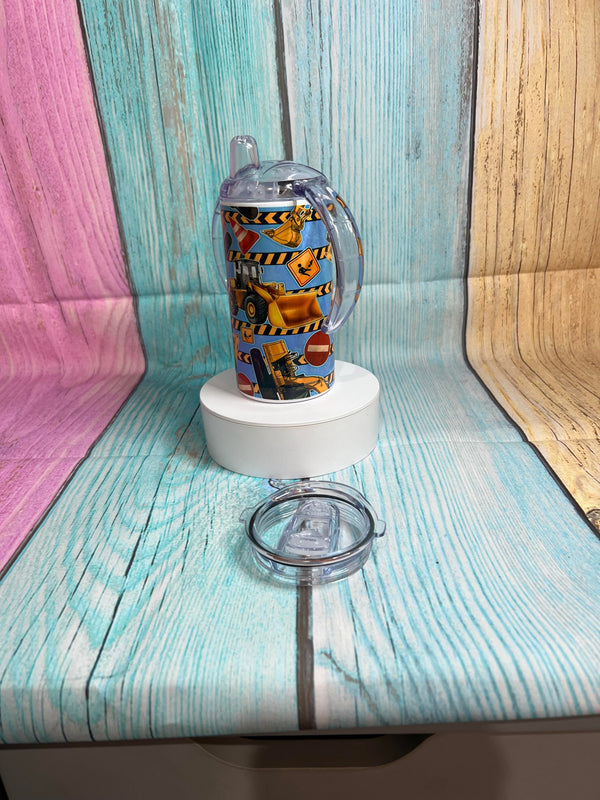 Digger print Children's sippy cup with two lids & Straw 12oz stainless steel, kid's water bottle with handles
