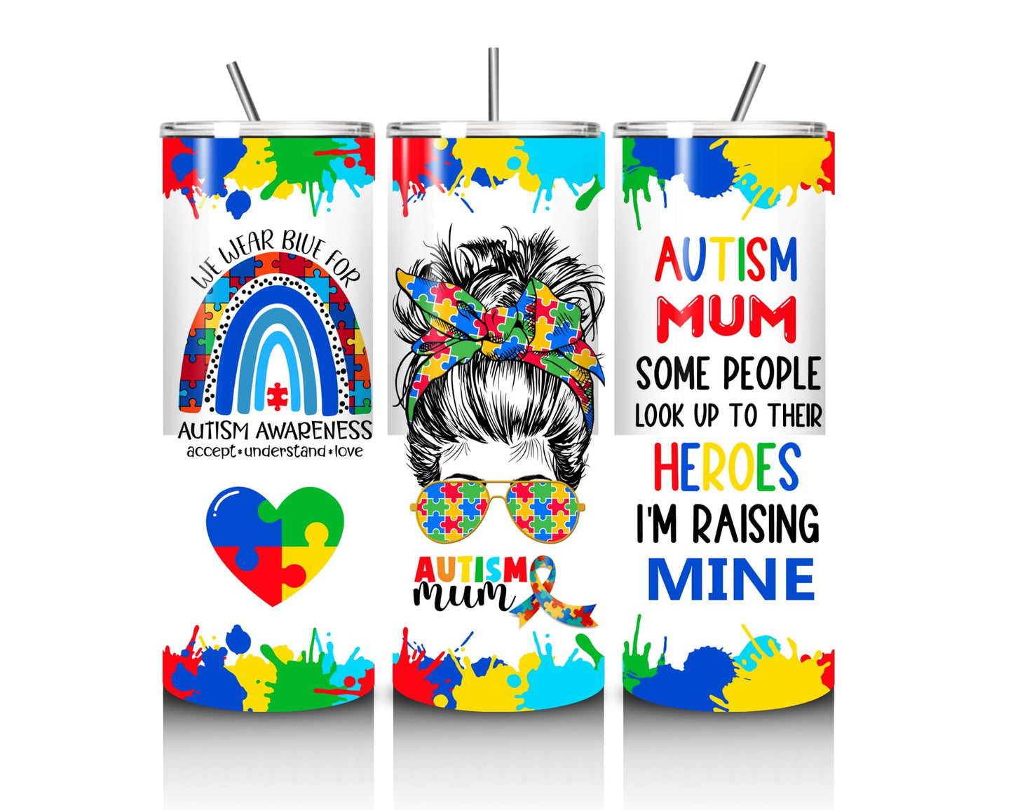 Autism Awareness Double Walled, Stainless Steel, 20oz Tumbler, Autism Mum Design, Multicolour,