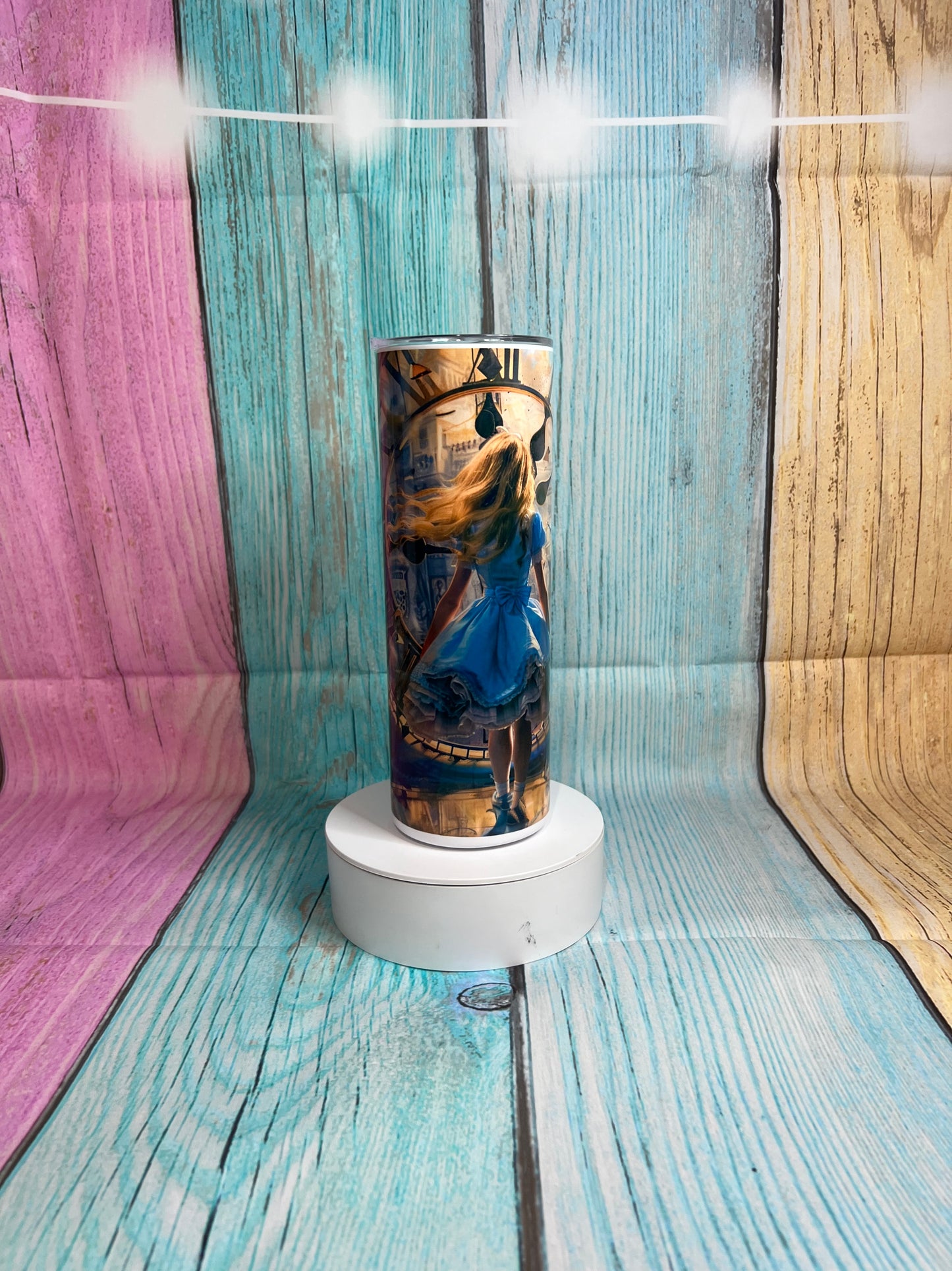 Alice in Wonderland Inspired Stainless Steel Skinny Tumbler, hot/cold with Straw