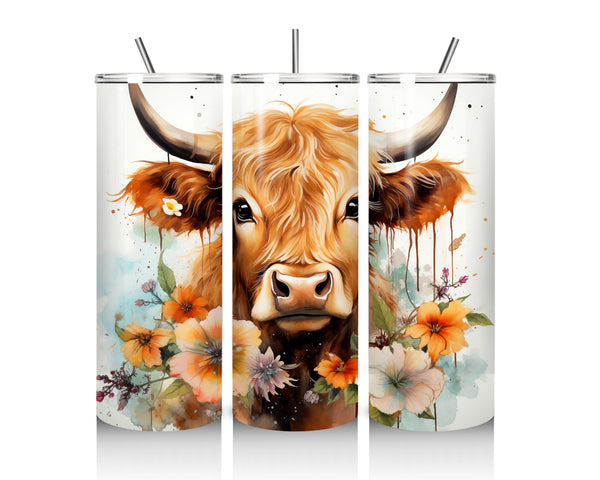 Highland Cow 20oz Skinny Tumbler with  Flowers, Stainless Steel, Hot & Cold, Water Bottle, comes with Straw