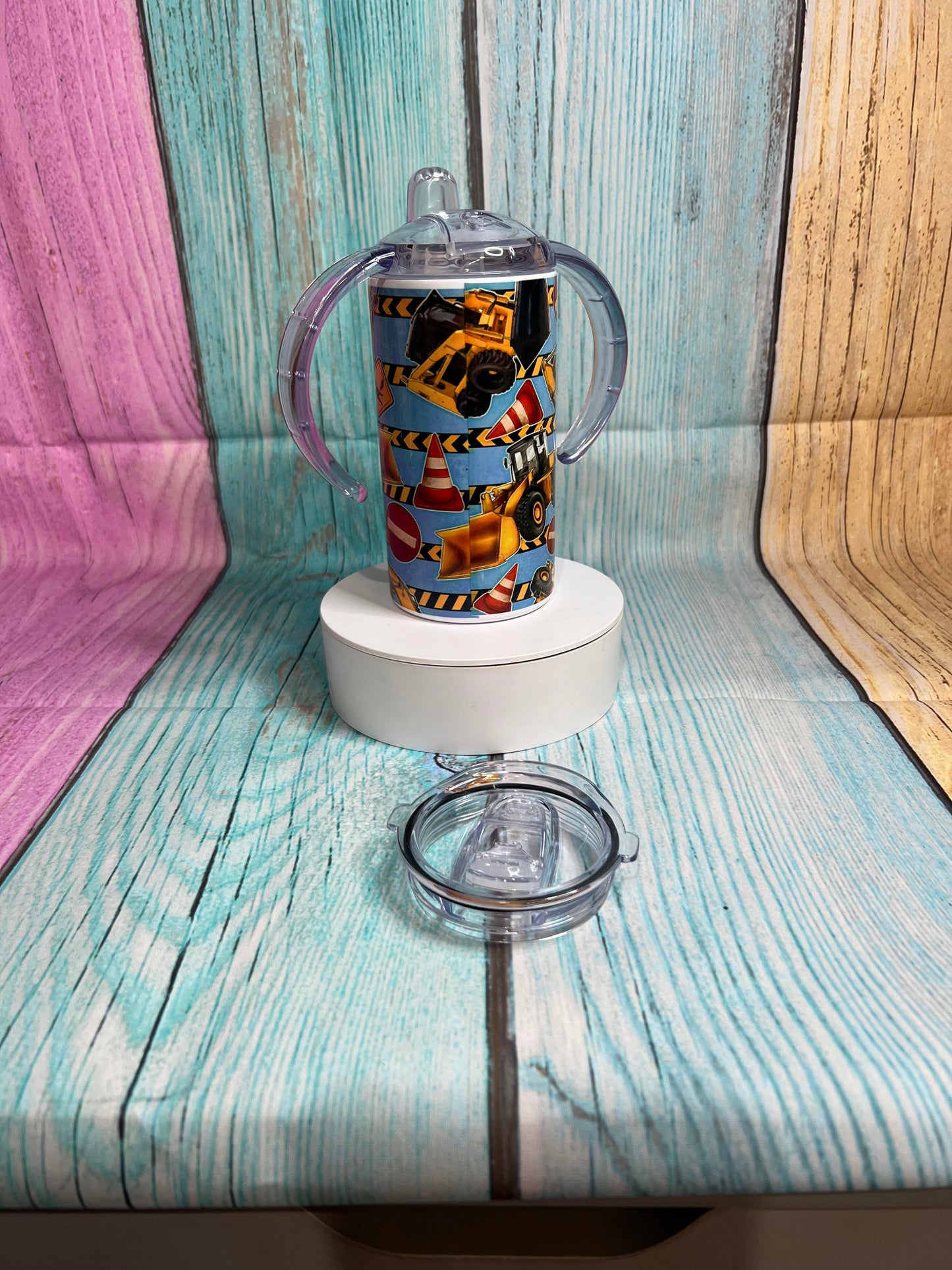 Digger print Children's sippy cup with two lids & Straw 12oz stainless steel, kid's water bottle with handles