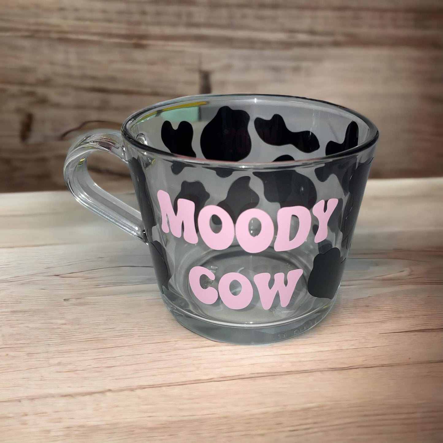 Moody Cow Glass Mug, glass mug with cow print can be personalised