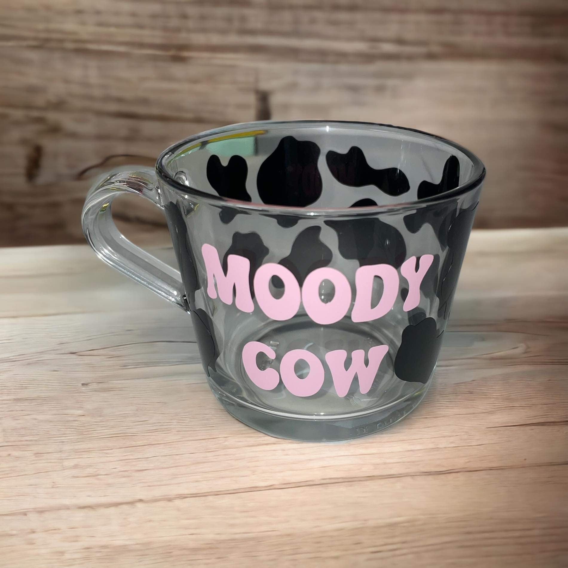 Moody Cow Glass Mug, glass mug with cow print can be personalised