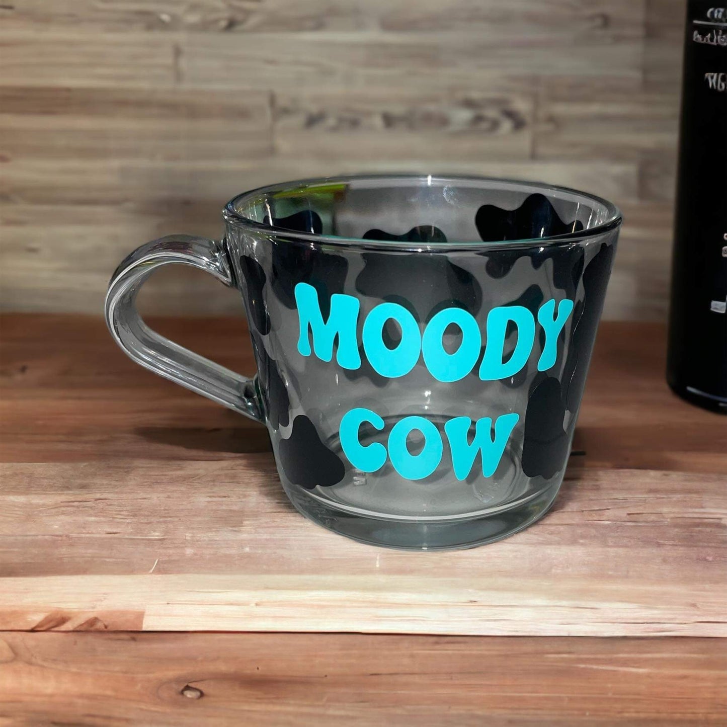 Moody Cow Glass Mug, glass mug with cow print can be personalised