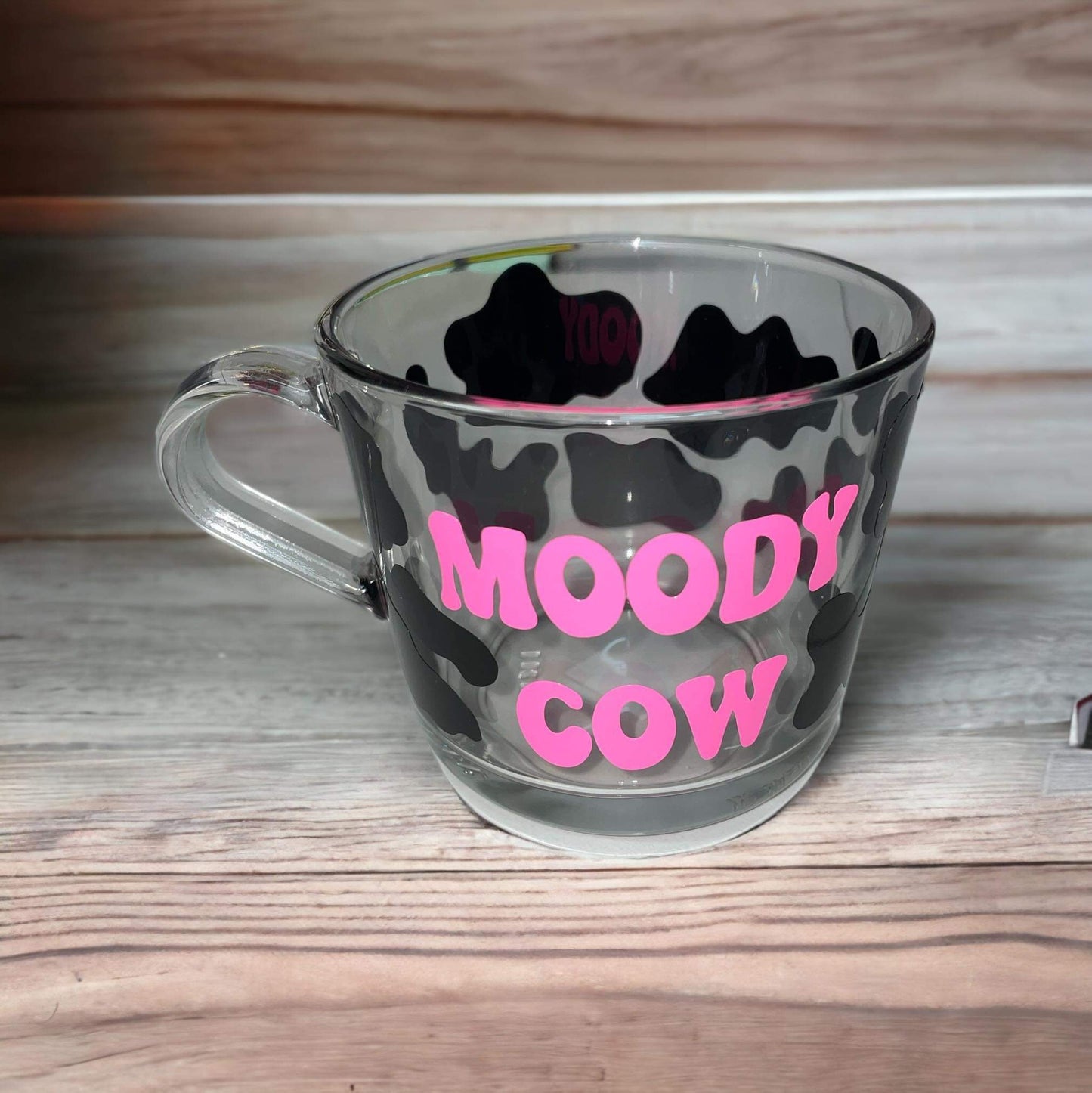Moody Cow Glass Mug, glass mug with cow print can be personalised