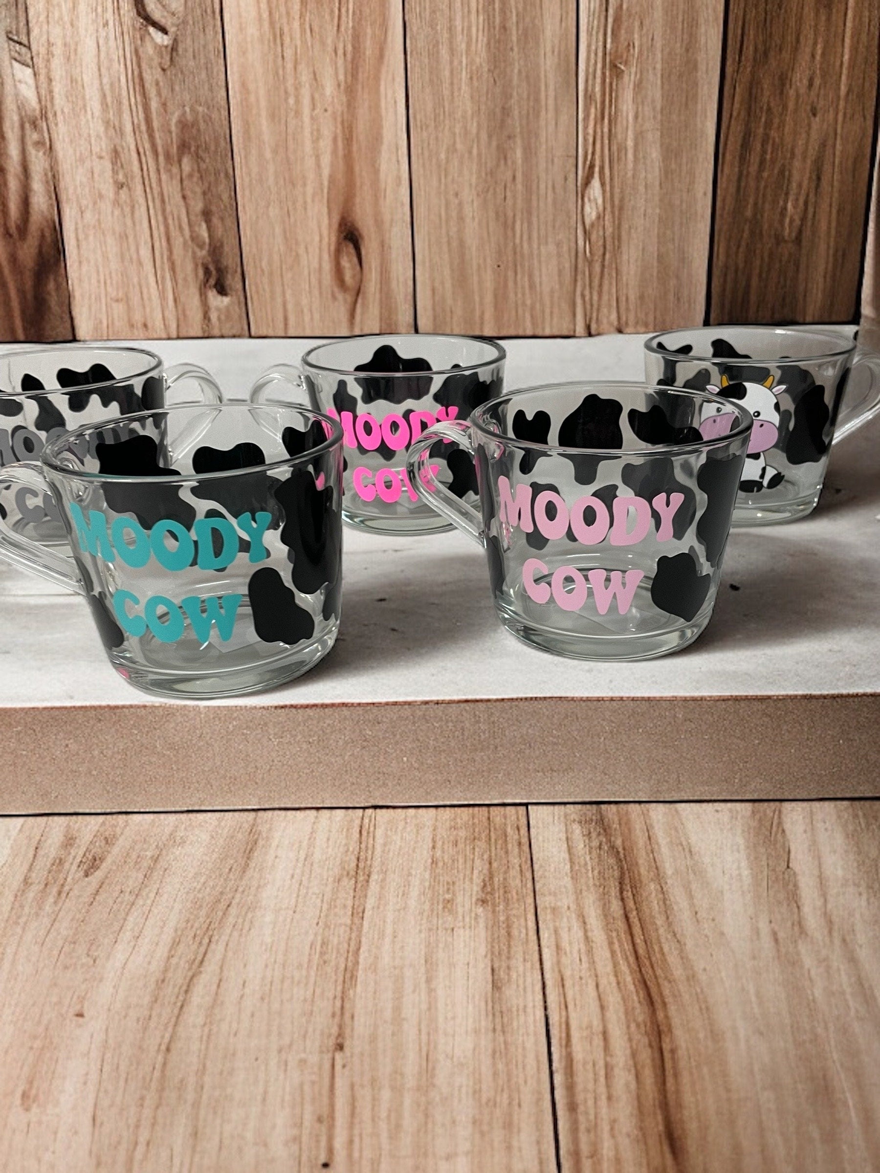 Moody Cow Glass Mug, glass mug with cow print can be personalised