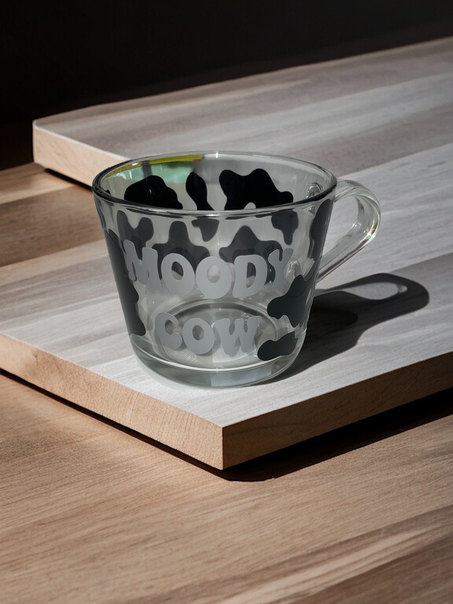 Moody Cow Glass Mug, glass mug with cow print can be personalised